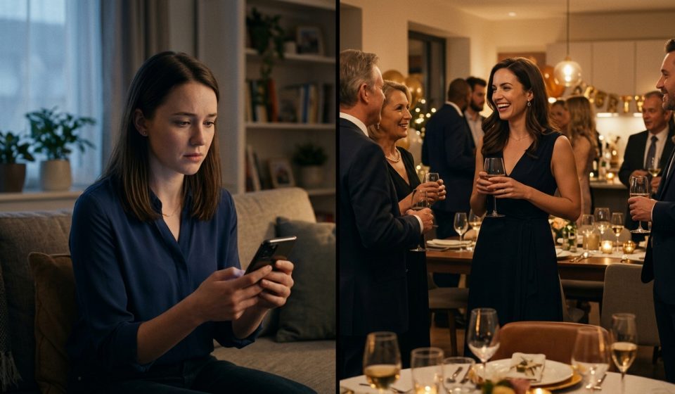 A young woman sitting alone on a sofa, looking sadly at photos of a family celebration on her phone after her sister excluded her from the event.
