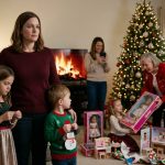 A disappointed mother stands with her two children beside a Christmas tree while their grandmother gives expensive dolls to another grandchild.