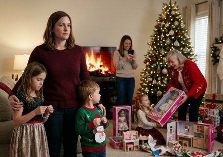 A disappointed mother stands with her two children beside a Christmas tree while their grandmother gives expensive dolls to another grandchild.