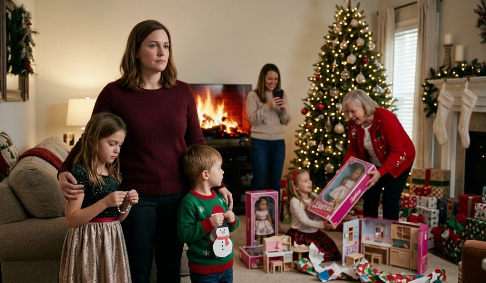 A disappointed mother stands with her two children beside a Christmas tree while their grandmother gives expensive dolls to another grandchild.