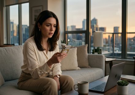 A shocked young woman holding her phone in her Seattle apartment after discovering she was excluded from her sister's engagement party.