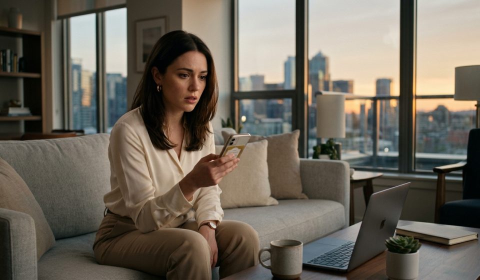 A shocked young woman holding her phone in her Seattle apartment after discovering she was excluded from her sister's engagement party.