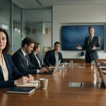 A professional woman sits quietly in a corporate meeting while her boss announces a new department leader and her replacement presents her work.