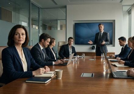 A professional woman sits quietly in a corporate meeting while her boss announces a new department leader and her replacement presents her work.