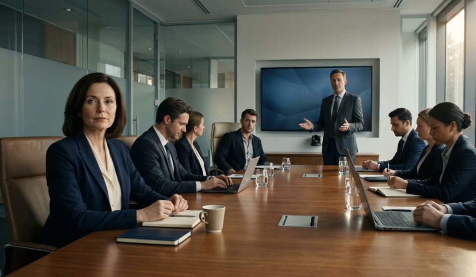 A professional woman sits quietly in a corporate meeting while her boss announces a new department leader and her replacement presents her work.