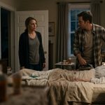 An adult caregiver discovers suspicious behavior near their bedridden mother's medication while their brother stands beside her in the family home.