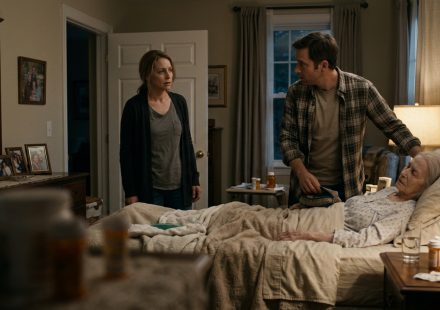An adult caregiver discovers suspicious behavior near their bedridden mother's medication while their brother stands beside her in the family home.