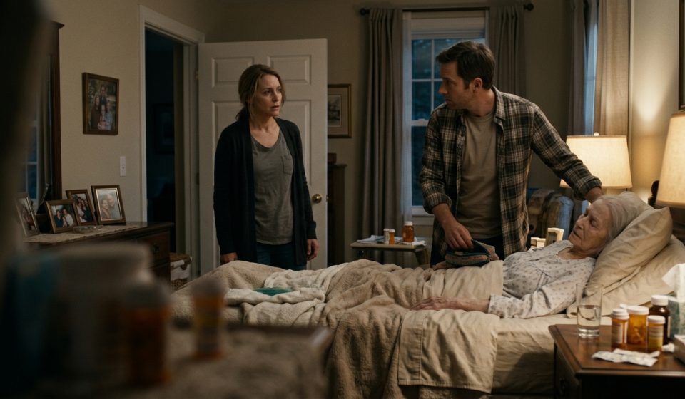 An adult caregiver discovers suspicious behavior near their bedridden mother's medication while their brother stands beside her in the family home.