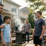 A concerned father stands protectively beside his twelve-year-old son at a family barbecue while an intimidating teenage cousin watches nearby.