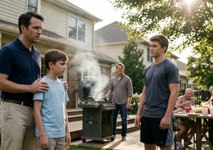 A concerned father stands protectively beside his twelve-year-old son at a family barbecue while an intimidating teenage cousin watches nearby.