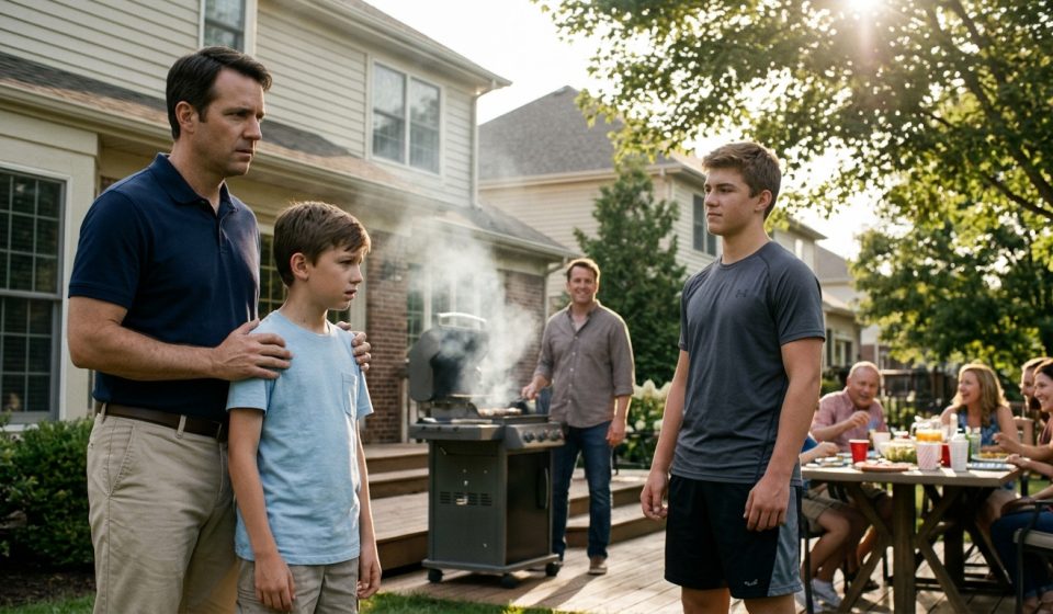 A concerned father stands protectively beside his twelve-year-old son at a family barbecue while an intimidating teenage cousin watches nearby.