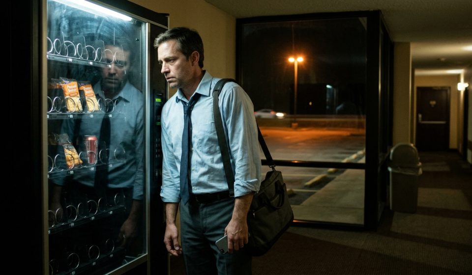 A tired business traveler stranded on a work trip with no car stands beside an almost empty hotel vending machine late at night.