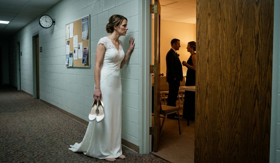 A bride in a white wedding dress stands barefoot in a church hallway holding her heels while secretly overhearing her fiancé speaking with his sister before their wedding.