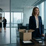 A senior female finance executive stands beside a cardboard box containing her coffee mug in a modern corporate office, sensing an unexpected dismissal.