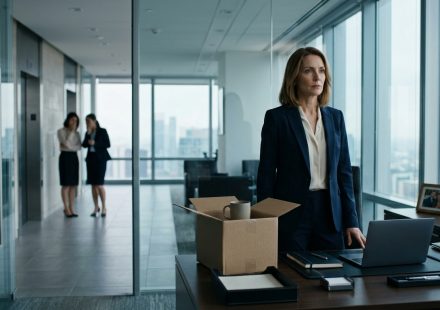 A senior female finance executive stands beside a cardboard box containing her coffee mug in a modern corporate office, sensing an unexpected dismissal.