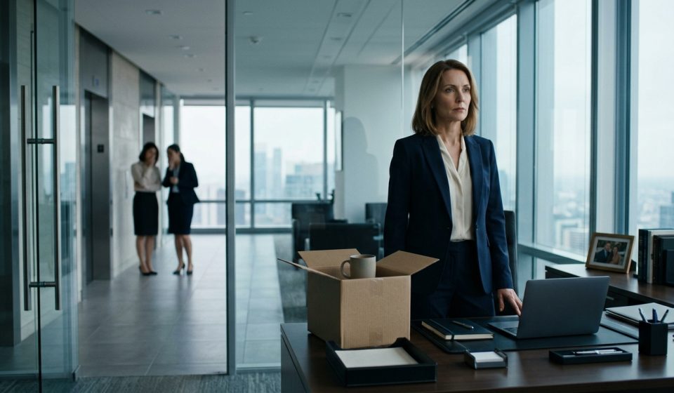 A senior female finance executive stands beside a cardboard box containing her coffee mug in a modern corporate office, sensing an unexpected dismissal.