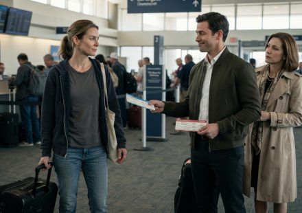 Career military officer Emily holding an economy boarding pass while her brother displays his first-class ticket at the airport.