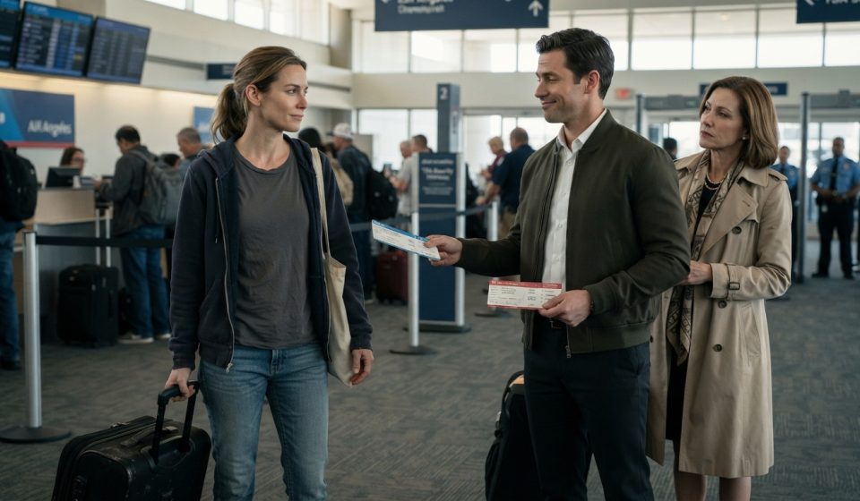 Career military officer Emily holding an economy boarding pass while her brother displays his first-class ticket at the airport.