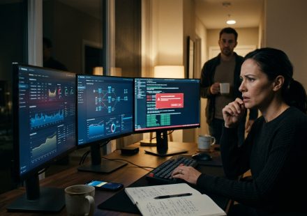 Principal infrastructure architect Calista Rodriguez staring at disabled computer access during a late-night banking migration.