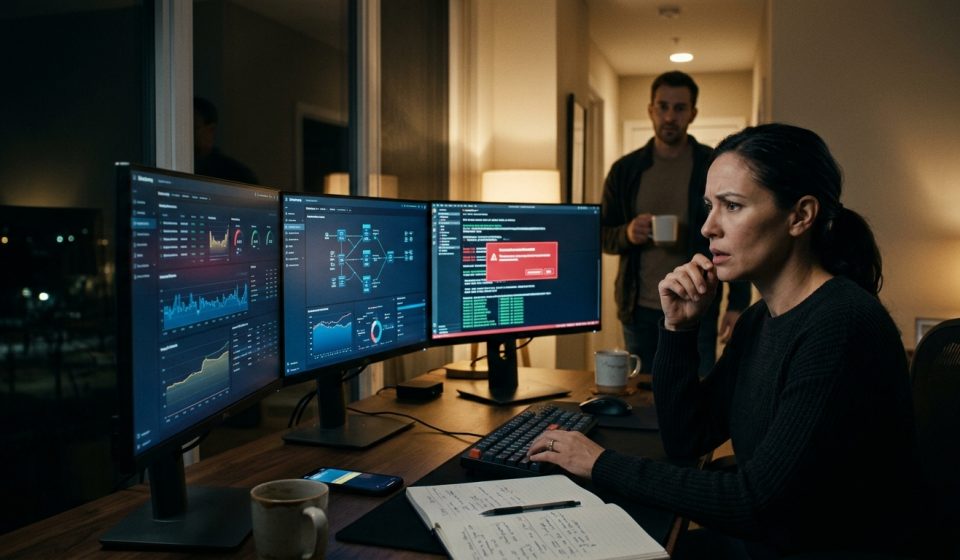 Principal infrastructure architect Calista Rodriguez staring at disabled computer access during a late-night banking migration.