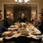 Julian looks stunned at Sunday dinner as his father announces that the family excluded him from cruise plans while his sister smiles.