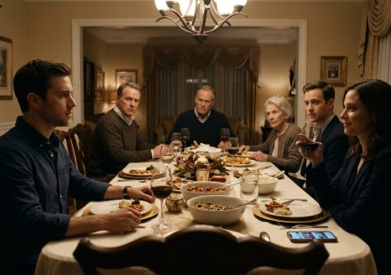 Julian looks stunned at Sunday dinner as his father announces that the family excluded him from cruise plans while his sister smiles.