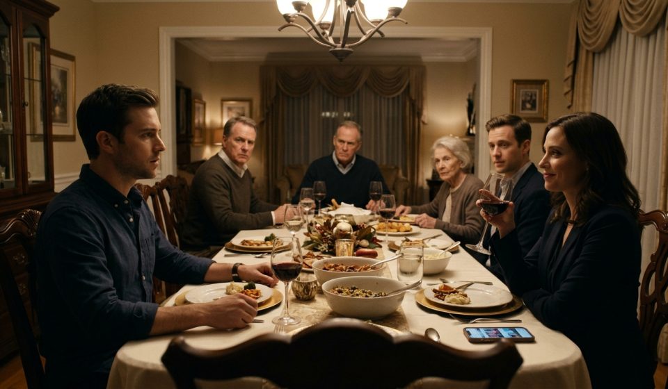 Julian looks stunned at Sunday dinner as his father announces that the family excluded him from cruise plans while his sister smiles.