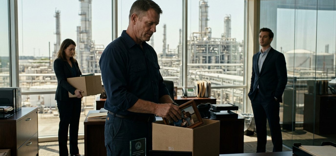 Experienced refinery safety manager replaced by a Harvard MBA as HR hands him cardboard boxes in his corner office.
