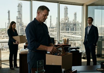 Experienced refinery safety manager replaced by a Harvard MBA as HR hands him cardboard boxes in his corner office.