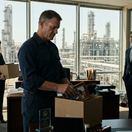 Experienced refinery safety manager replaced by a Harvard MBA as HR hands him cardboard boxes in his corner office.