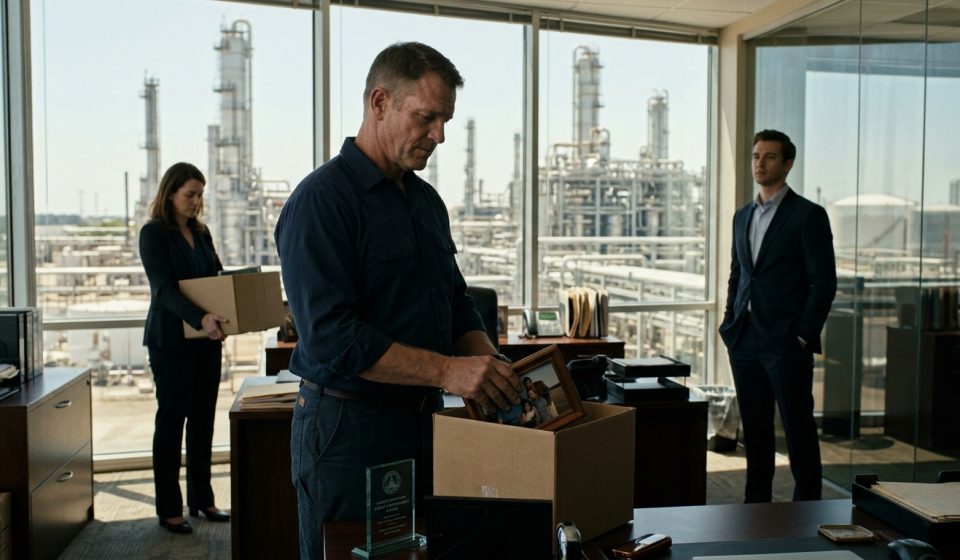 Experienced refinery safety manager replaced by a Harvard MBA as HR hands him cardboard boxes in his corner office.