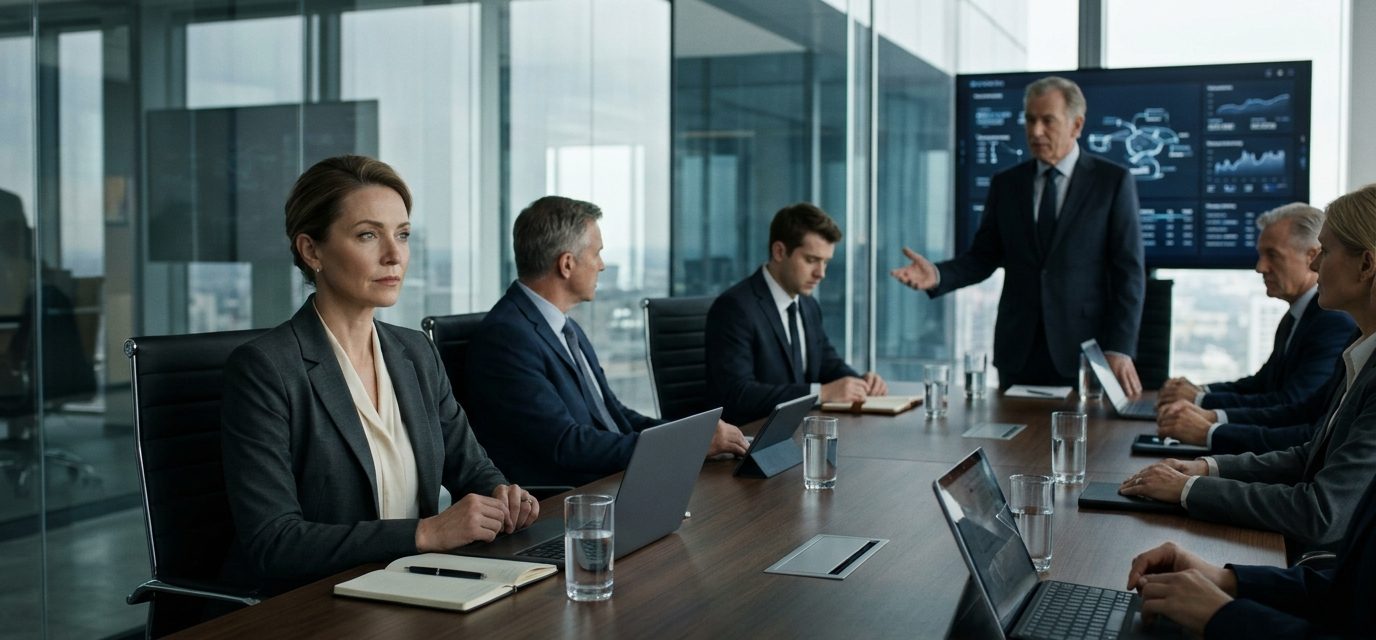Senior technology professional confronts a company founder during a tense executive meeting as his son receives leadership of a major client account.