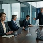 Senior technology professional confronts a company founder during a tense executive meeting as his son receives leadership of a major client account.
