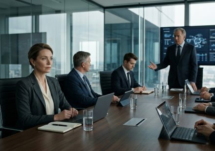Senior technology professional confronts a company founder during a tense executive meeting as his son receives leadership of a major client account.