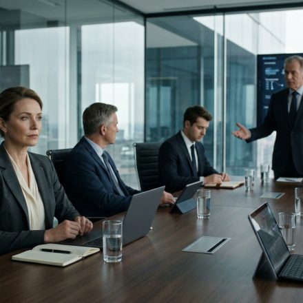 Senior technology professional confronts a company founder during a tense executive meeting as his son receives leadership of a major client account.