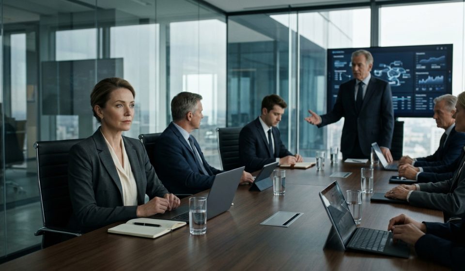 Senior technology professional confronts a company founder during a tense executive meeting as his son receives leadership of a major client account.