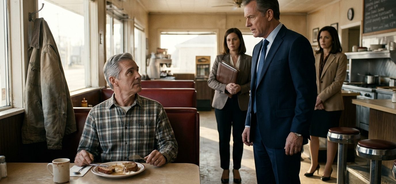 A senior engineer sits at a diner booth as his corporate CEO questions him, accompanied by two uncomfortable executives.