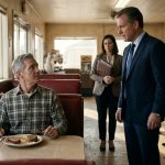 A senior engineer sits at a diner booth as his corporate CEO questions him, accompanied by two uncomfortable executives.