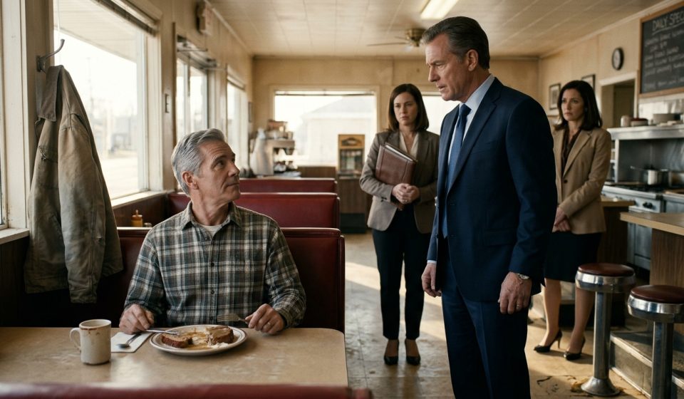 A senior engineer sits at a diner booth as his corporate CEO questions him, accompanied by two uncomfortable executives.