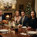 Sarah calmly sitting at Christmas dinner after learning she is not getting any inheritance.
