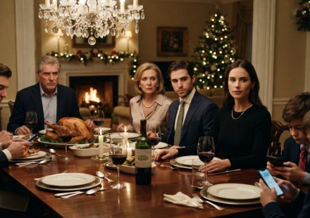 Sarah calmly sitting at Christmas dinner after learning she is not getting any inheritance.