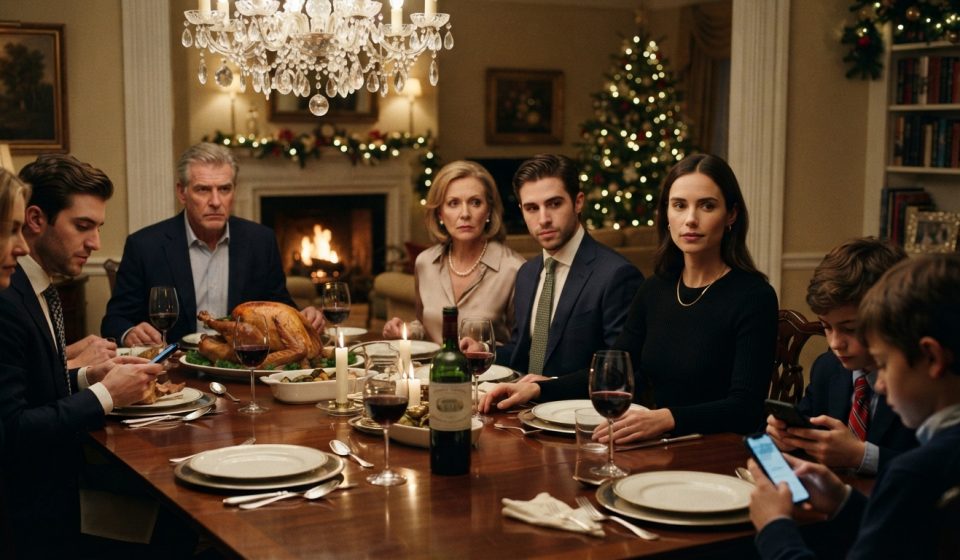 Sarah calmly sitting at Christmas dinner after learning she is not getting any inheritance.