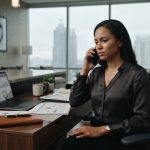 Successful young financial analyst looking tensely at her ringing phone beside a granite kitchen island in her Atlanta condo.