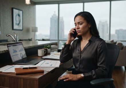 Successful young financial analyst looking tensely at her ringing phone beside a granite kitchen island in her Atlanta condo.