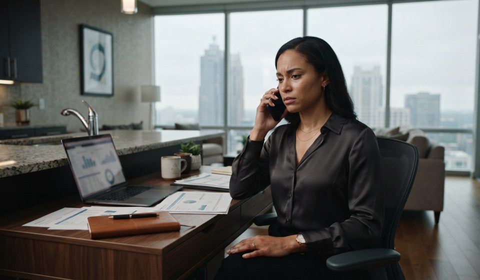 Successful young financial analyst looking tensely at her ringing phone beside a granite kitchen island in her Atlanta condo.