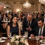 Delia sitting calmly at an elegant holiday dinner while her wealthy father-in-law tells her she married into money.