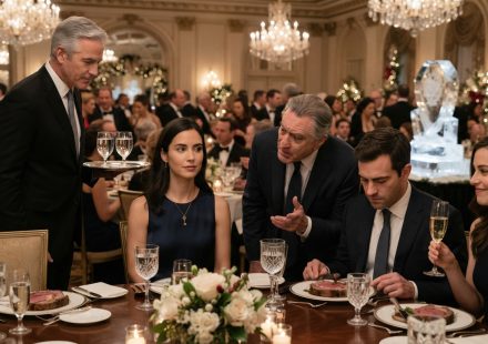 Delia sitting calmly at an elegant holiday dinner while her wealthy father-in-law tells her she married into money.