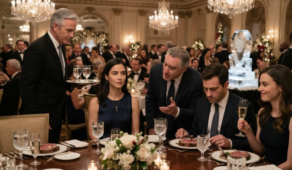 Delia sitting calmly at an elegant holiday dinner while her wealthy father-in-law tells her she married into money.
