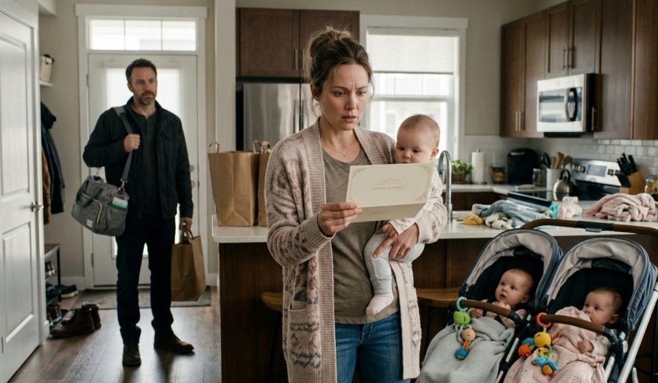 A mother holding one of her triplet babies while staring at an unexpected wedding invitation as her concerned husband stands nearby.