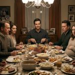 A man calmly sitting at a crowded family dinner after Dad gave my room to my sister while his relatives watch his reaction.